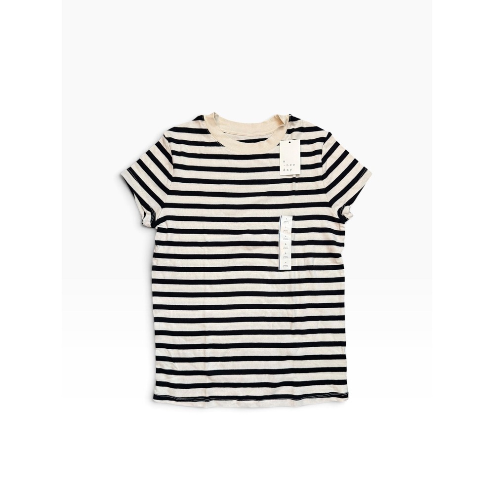 A New Day Womens Ribbed Striped Short Sleeve T-Shirt Cream Black Large NWT